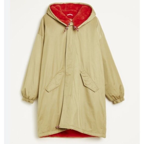 Bellerose Jackets & Blazers - Bellerose Laos Coat Oversized Red Fur Lined Tan Raincoat Sz 2 Size Large Hooded